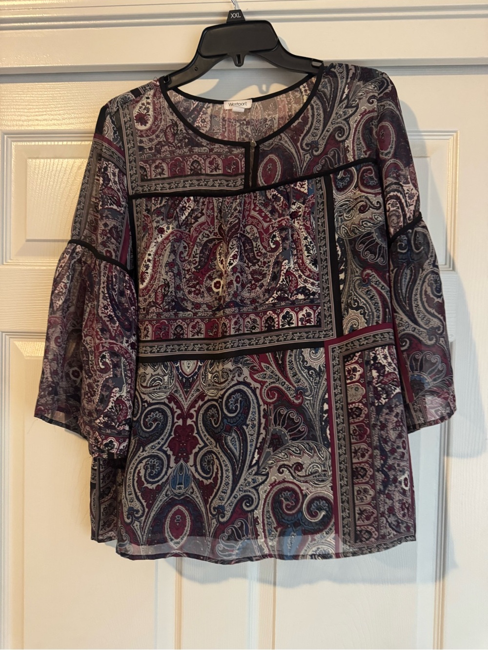 Westport Women's Paisley Peasant Blouse in Burgundy, Navy and Gray